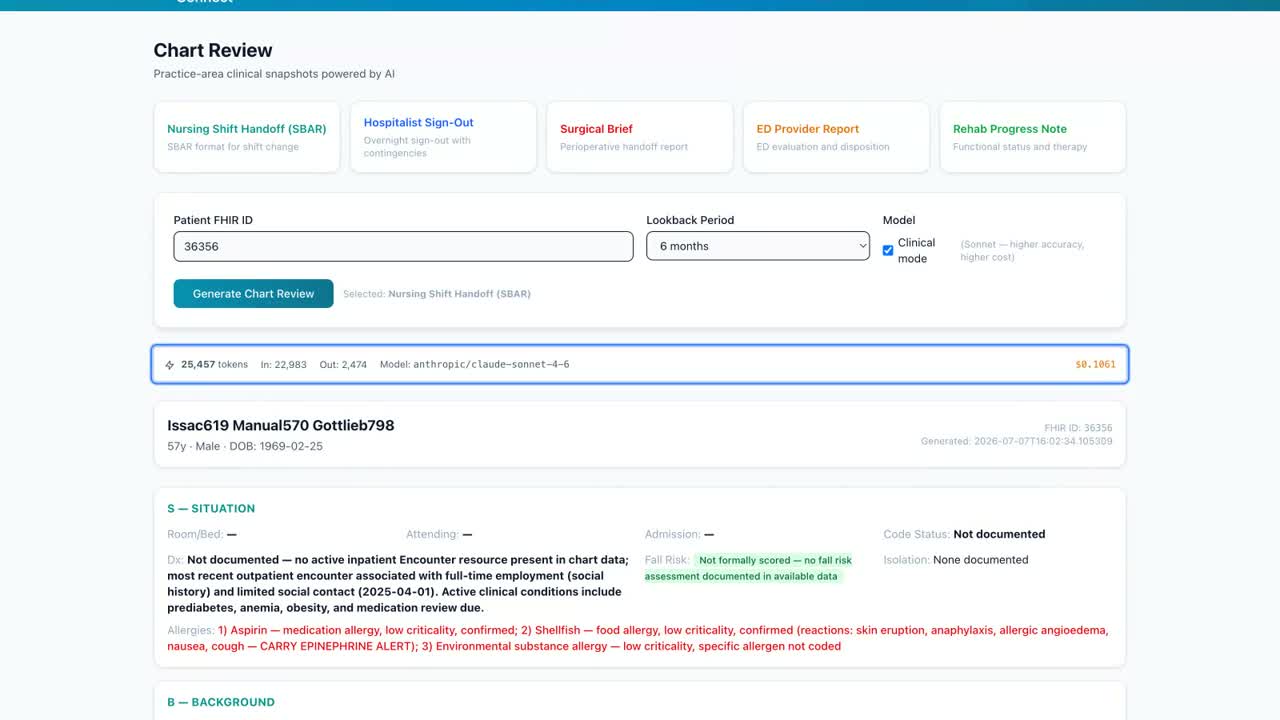 Health-Connect chart review interface with five practice-area formats and an SBAR clinical snapshot