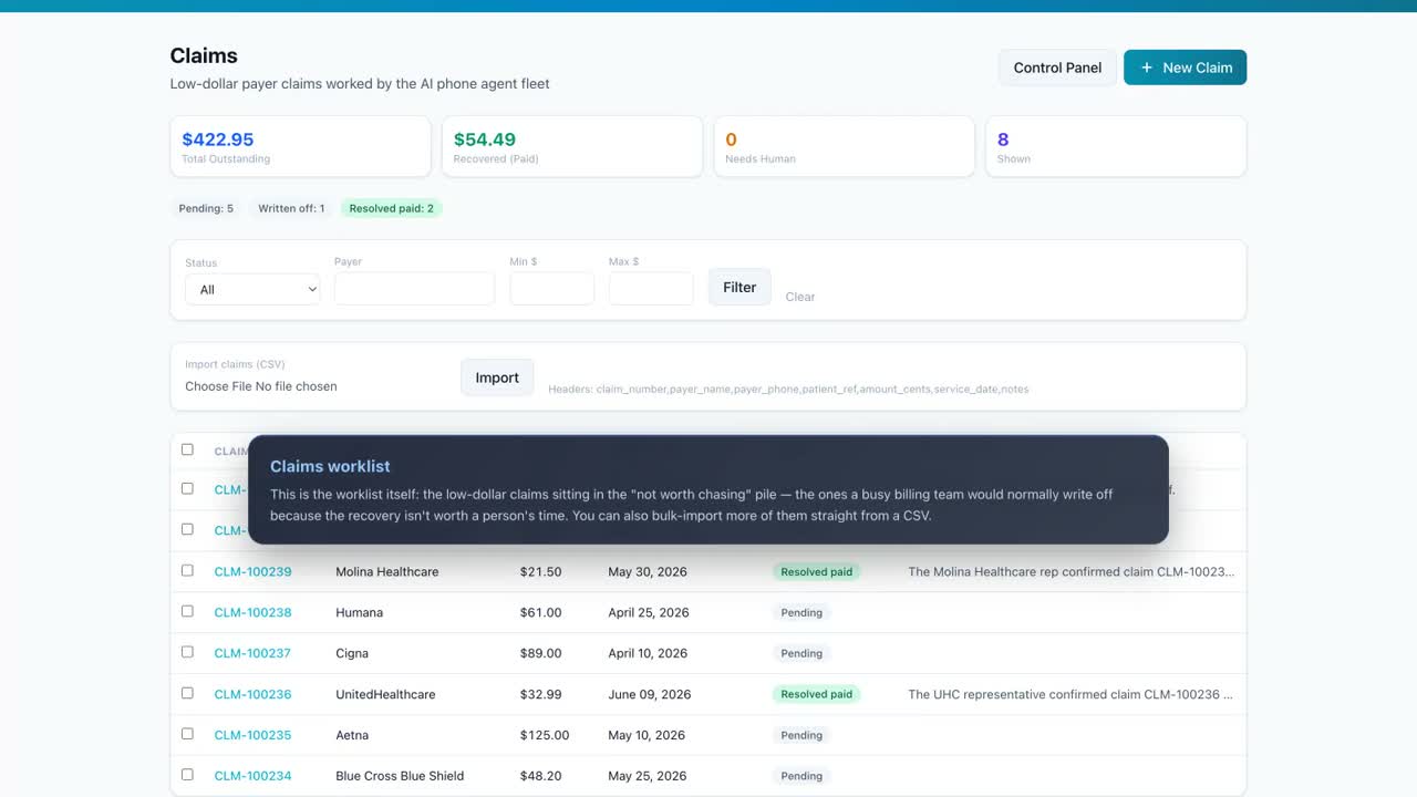 Health-Connect Claims Agent worklist with outstanding, recovered, needs-human, and pending claim status